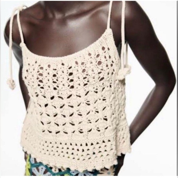 Zara Crochet Top 100% Cotton Flower Ties Size S - Picture 2 of 7